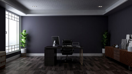 modern business office manager room with 3d design interior for company wall logo mockup