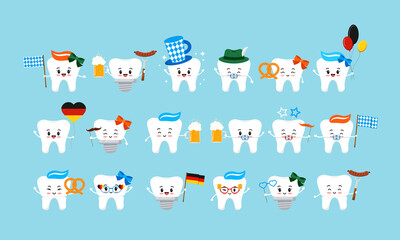 Octoberfest teeth cute icon set isolated. Dentist cute tooth, crown, implant, with braces german character with beer, pretzel, hat, photo booth props. Flat design cartoon vector clip art illustration.