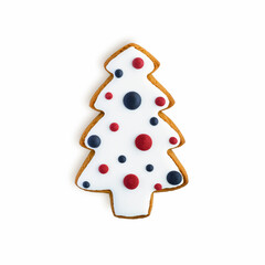 Christmas ginger cookies in the form of a Christmas tree, decorated with colored glaze, isolated on a white background.