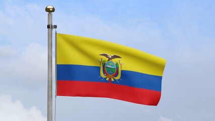 3D, Ecuadorian flag waving on wind. Close up of Ecuador banner blowing soft silk