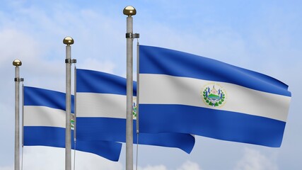 3D, Salvadorean flag waving on wind. Close up Salvador banner blowing soft silk.