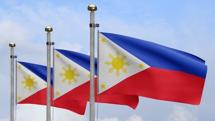 3D, Philippin flag waving on wind. Philippine banner blowing soft silk.