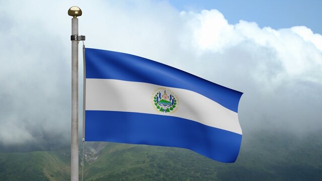 3D, Salvadorean flag waving on wind. Close up Salvador banner blowing soft silk.