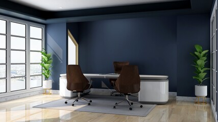 modern business office manager room with 3d design interior for company wall logo mockup