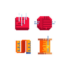 Sewing tools, pixel art flat icons set. Threads, button, needle and knitting thread. Isolated vector illustration. Knitting and sewing accessories.  Game assets.