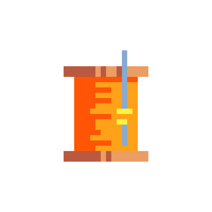 Thread yellow spool and needle. Pixel art abstract icon. Tailor shop and sewing symbol. 8-bit. Isolated vector illustration.