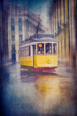 Yellow tram symbol of Portugal rides on the street of Lisbon Artwork, digital graphics.
