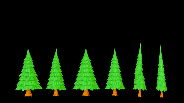 three-dimensional models of Christmas trees on a black background. 3d render illustration