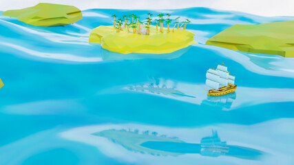 Plakat 3D model of a sailing frigate sailing on the sea next to islands with palm trees. 3d render illustration