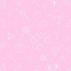 Seamless pattern for baby. Vector pattern with child toys. Illustration of toys isolated on pink background.