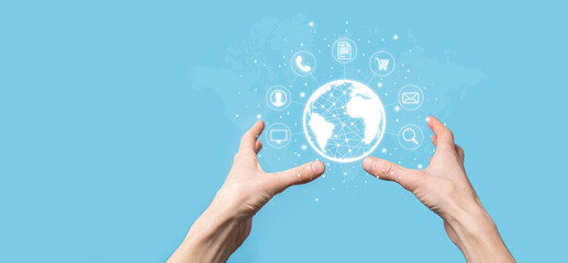 Business man hiold, use,press infographic icon of community technology digital.Concept of hi tech and big data. Global connection.IoT Internet of Things . ICT Information Communication Network .