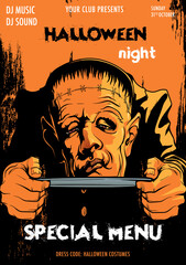 Frankenstein Monster serving his head on a tray. Black and orange Halloween party flyer template. A4 format. EPS10 Vector illustration.