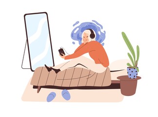 Relaxed person listening to music in headphones. Happy woman enjoying leisure time in bed at home. Female resting in earphones with player. Flat vector illustration isolated on white background