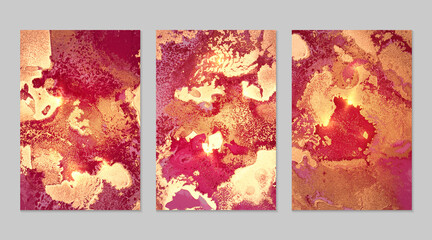 Marble set of gold, red and magenta backgrounds with texture. Geode pattern with glitter. Abstract vector backdrops in fluid art alcohol ink technique. Modern paint with sparkles for banner, poster