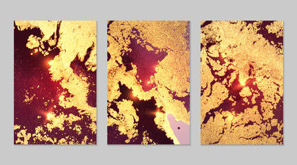 Marble set of gold and burgundy backgrounds with texture. Geode pattern with glitter. Abstract vector backdrops in fluid art alcohol ink technique. Modern paint with sparkles for banner, poster