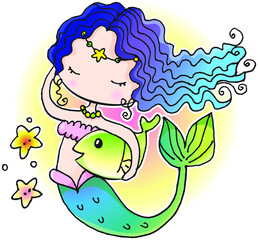 vector cartoon mermaid hold a big fish