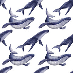 Seamless pattern with watercolor blue whales isolated on white background. Endless texture perfect for textile, wrapping and prints.