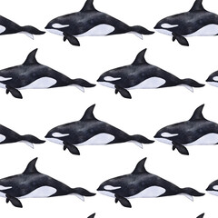 Seamless pattern with watercolor orca whales isolated on white background. Endless texture perfect for textile, wrapping and prints.