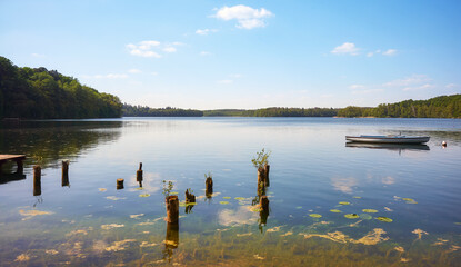 Still water of Lake Lipie in the summer, Strzelce Krajenskie, Poland.