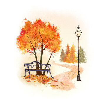 Artistic hand drawn watercolor landscape illustration of bench in the autumn park isolated. For cards, posters, prints, web design.