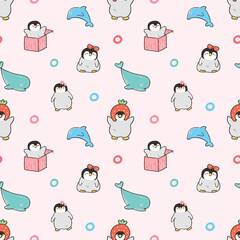 Seamless Pattern of Cute Cartoon Penguin, Dolphin and Whale Design on Light Pink Background