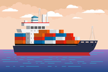 Ship with cargo container. Flat and solid color vector illustration.