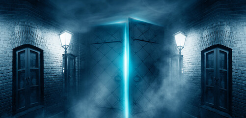 Fantasy open doors, magic, old doors. Dark old gloomy night street, brick walls of houses, smoke, smog. Dramatic street scene. Fantasy, magic. © MiaStendal