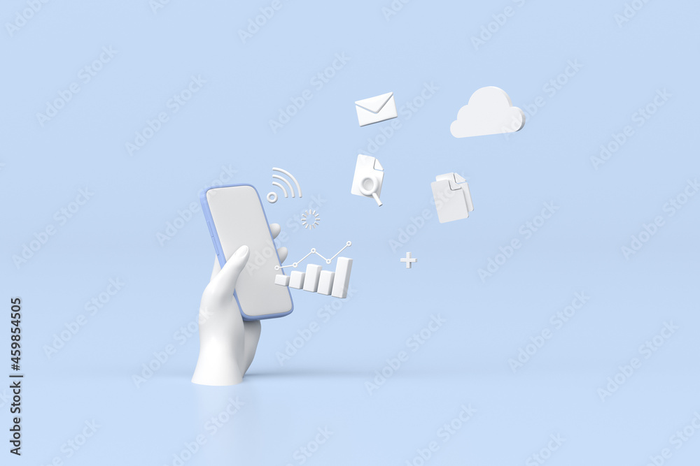 Poster Illustration of smartphone with stock trading graph, growing strategy chart, cloud computing. 3d rendering.