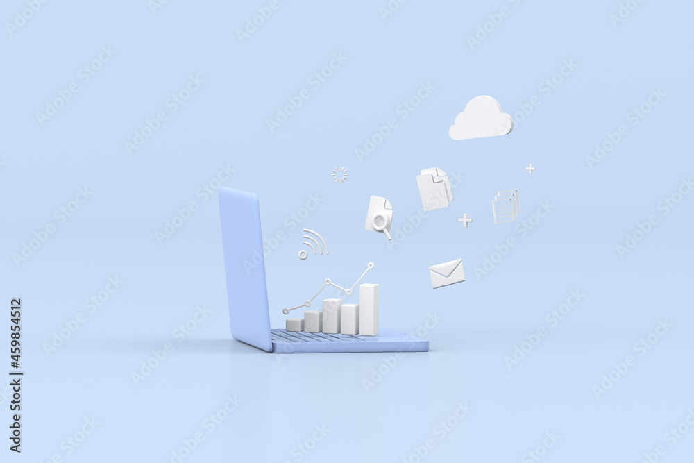 Poster illustration of laptop with stock trading graph, growing strategy chart, cloud computing. 3d renderi