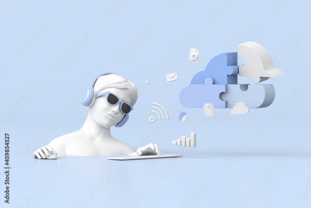 Aufkleber illustration of women is using cloud computing, 3d rendering.