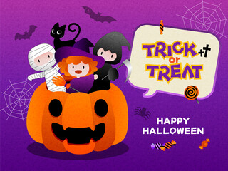 Happy Halloween poster or party invitation with flat halloween icons. Trick or Treat Concept. Vector Illustration with purple background.