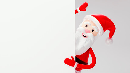 Cartoon character of Santa Claus with toys and gifts on light pastel background - 3D render. Christmas and New Year symbol. Greeting card, banner, template with copy space.