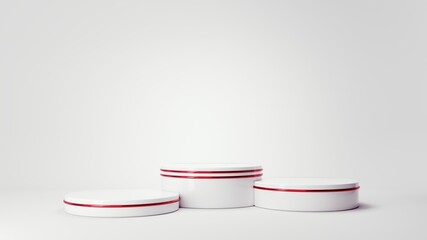 Christmas studio interior with gold platform, toys. Stand, podium, pedestal for goods, shop windows and magazines.New Year greeting card, poster, banner with gift boxes, presents - 3D, render. 