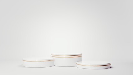 Christmas studio interior with gold platform, toys. Stand, podium, pedestal for goods, shop windows and magazines.New Year greeting card, poster, banner with gift boxes, presents - 3D, render. 