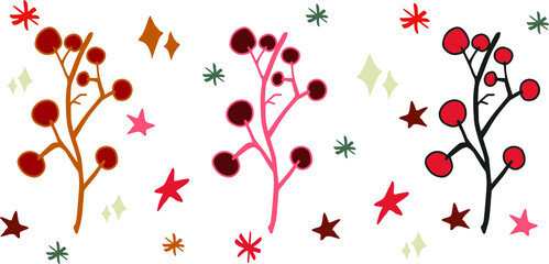 Christmas decorations Christmas twigs with berries isolated vector elements. Christmas doodles