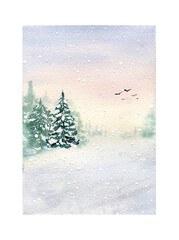 Snowy winter forest illustration. Watercolor landscape with christmas trees, birds, snowdrifts in delicate colors for greeting cards and posters