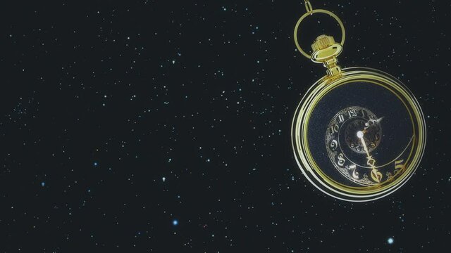 Pendulum of pocket watch against the background of the starry sky. Looping.