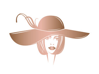 Beautiful woman with sun hat.Elegant hairstyle, makeup, accessory.Fashion and beauty illustration.Young lady portrait logo.Rose gold color.	