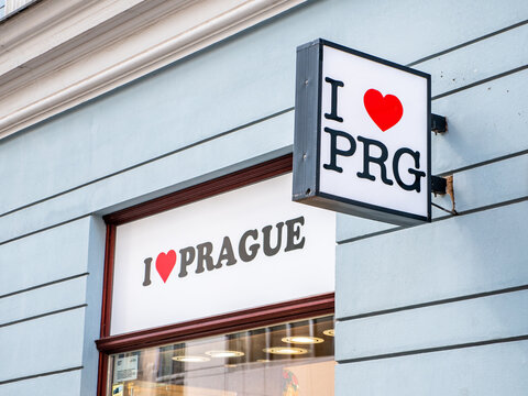 I Love Prague shop. Sign and branding for a souvenir shop in the Czech Republic capital city named with a variation on the famous NYC slogan.
