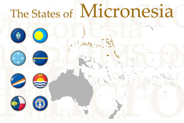 A set of flags of Micronesia on a white background. Vector image of the flags of the states and dependent territories of Micronesia. For a website, brochures, booklets, leaflets, travel guides.