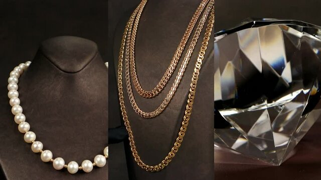 collage of expensive gifts, elegant pearl necklace on mannequin, hand in black glove shows gold jewelry in storefront store, huge artificial crystal diamond rotates on a dark background