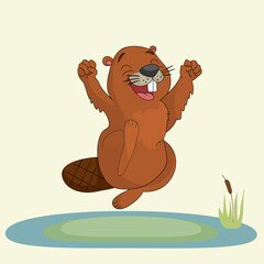 Happy beaver jumping on a puddle, vector illustration. © Yuliya Erokhina