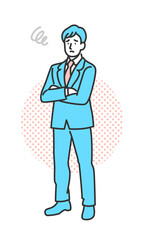 腕組みして困っているスーツ男性全身