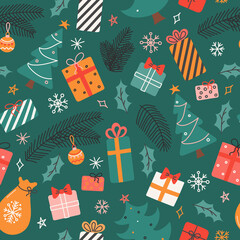 Seamless pattern with Christmas trees, gifts, branches and snowflakes on green background in flat style