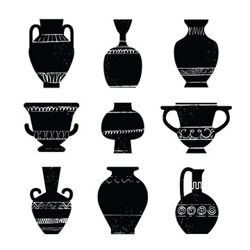 Set of antique Greek vases and amphoras in minimalist style with patterns. Ceramic pottery. Old clay jugs
