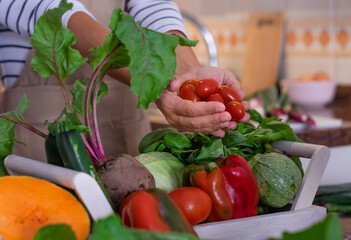 Hands of woman holding small red tomatoes. Mis of fresh vegetables on the table. Diet, healthy, vegetarian concept