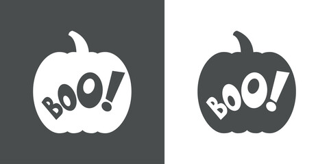 Fiesta de Halloween. Banner con texto Boo en silueta de calabaza en fondo gris y fondo blanco