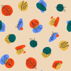 Seamless modern pattern with abstract various shapes, doodle plants and leaves. Trendy contemporary design