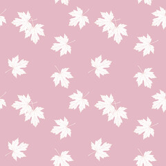 White maples leaves seamless pattern on matte pink color background.