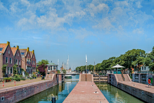 View of the locks in Muiden and the Muiderslot on the horizon